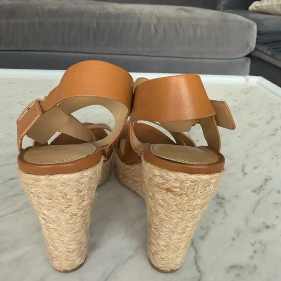 Michael Kors Brown Leather Wedge Sandals with Gold Buckle - Picture 3 of 4